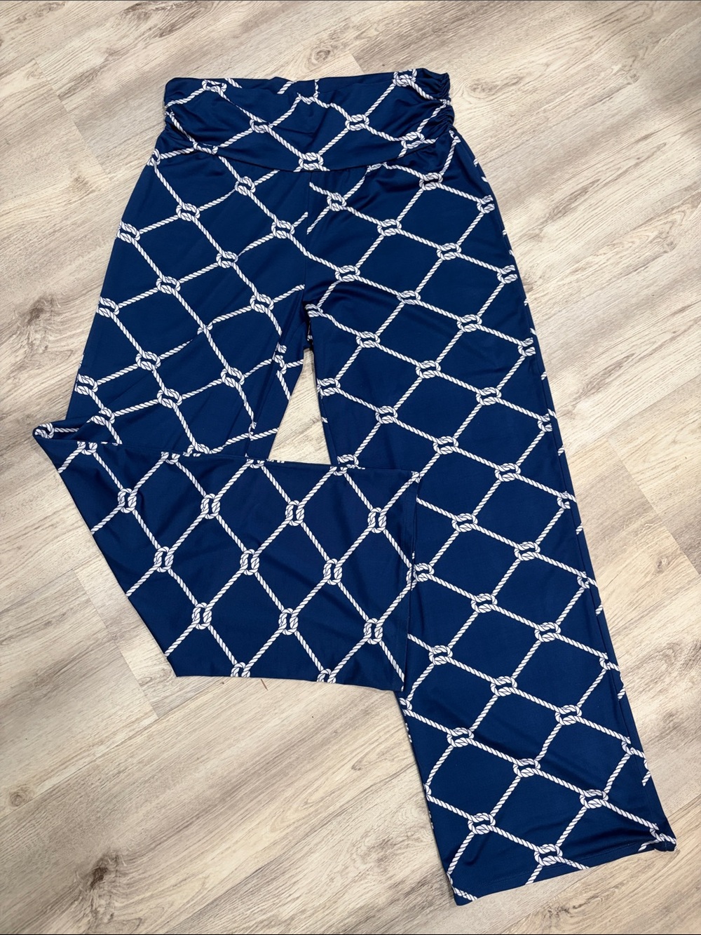 Mud Pie Navy Wide-Leg Pants with White Rope Lattice Print